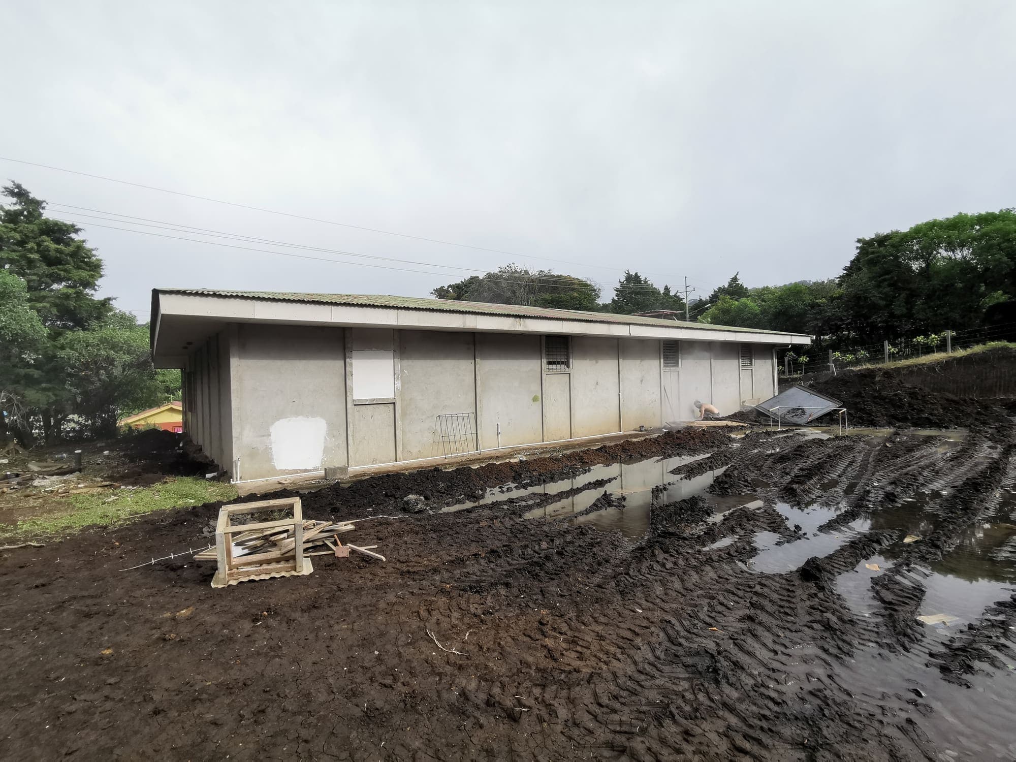 A pallet on the mud, in front of the still-closed shed