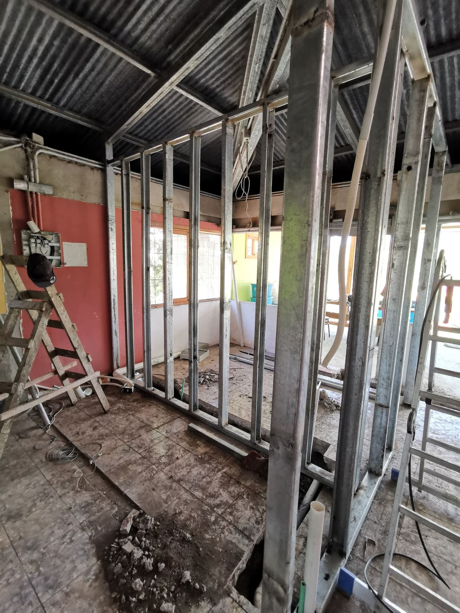 The metal framing of the interior walls