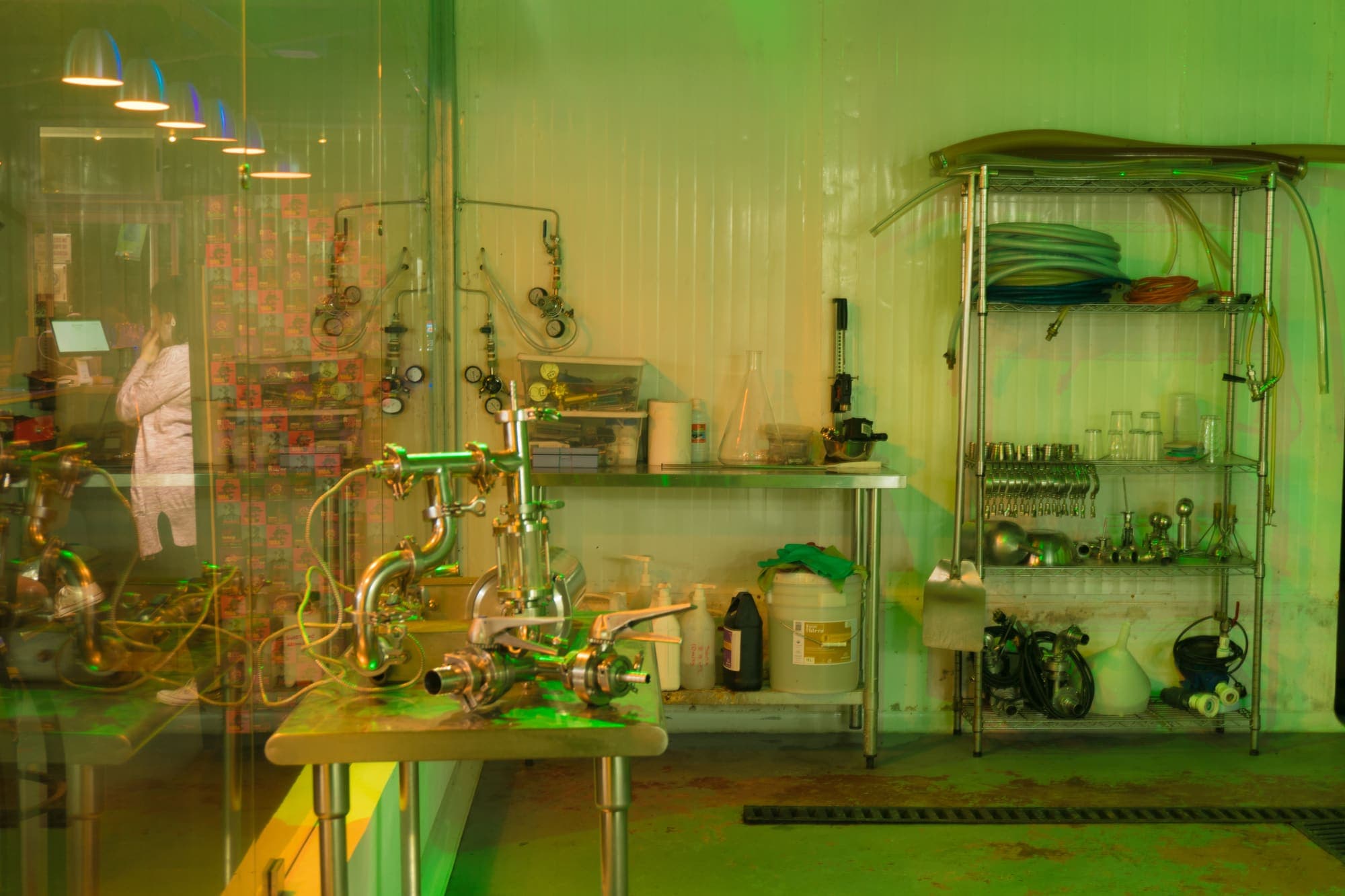 The brewery lab under green light
