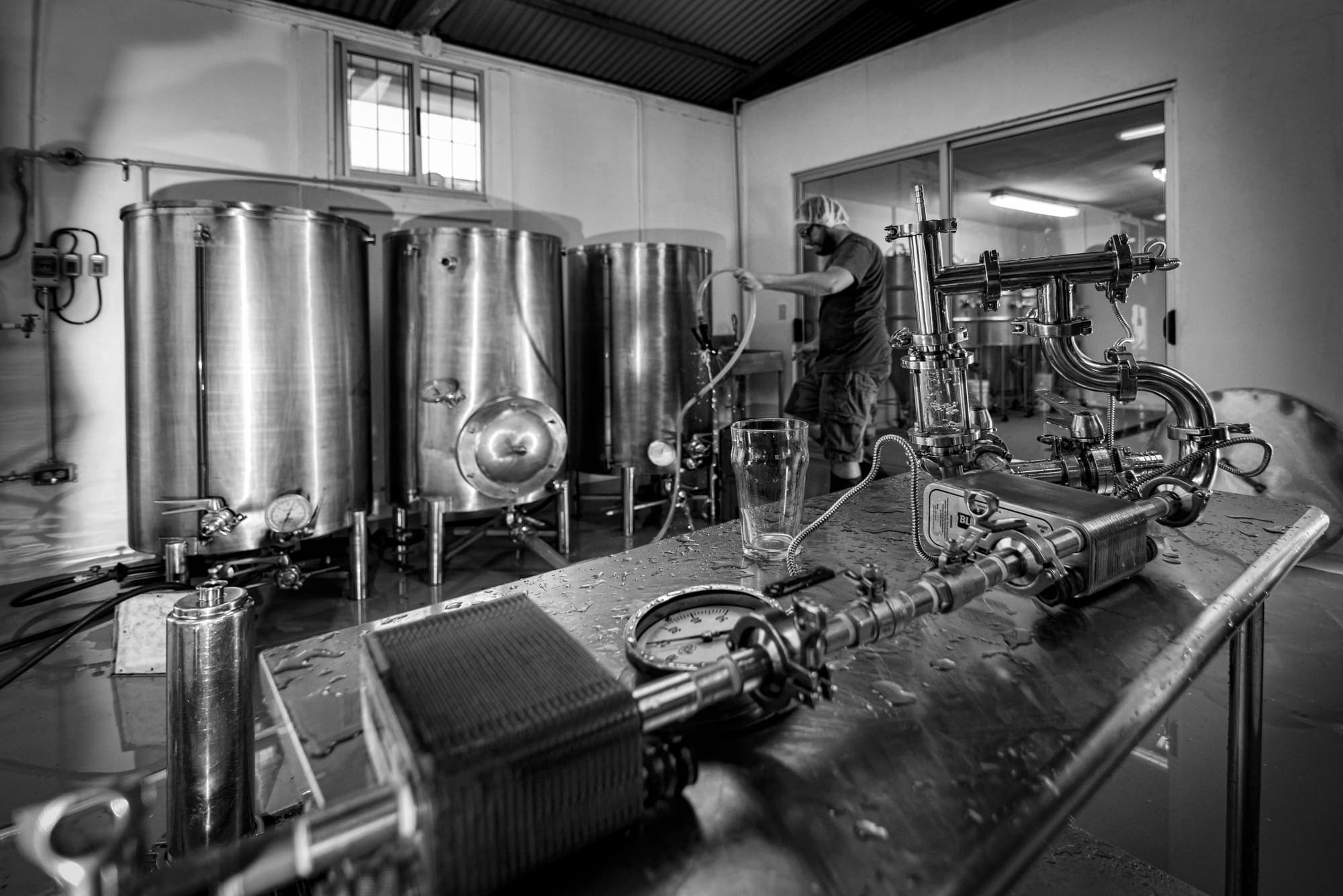The Monteverde Brewing Company brewhouse floor, lined with stainless steel tanks