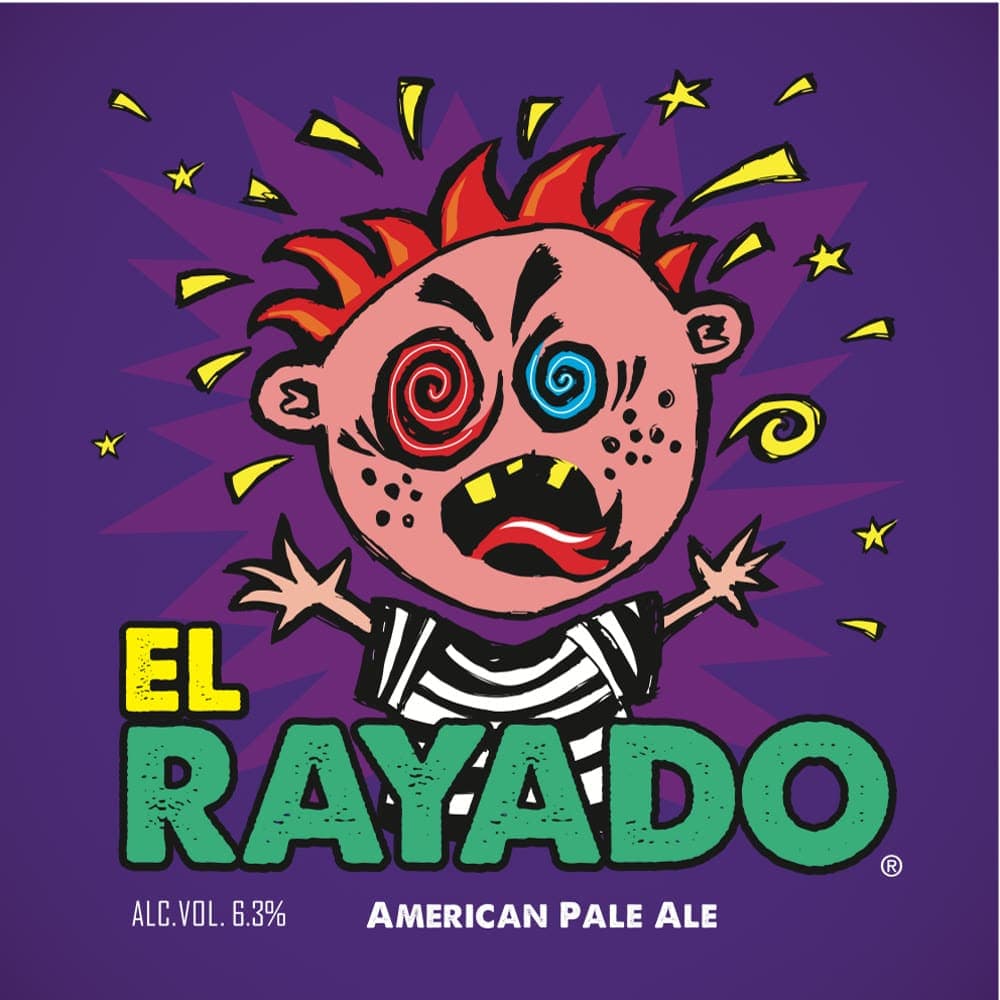 Monteverde Brewing Company label with a wild-haired boy with spiral eyes, on purple