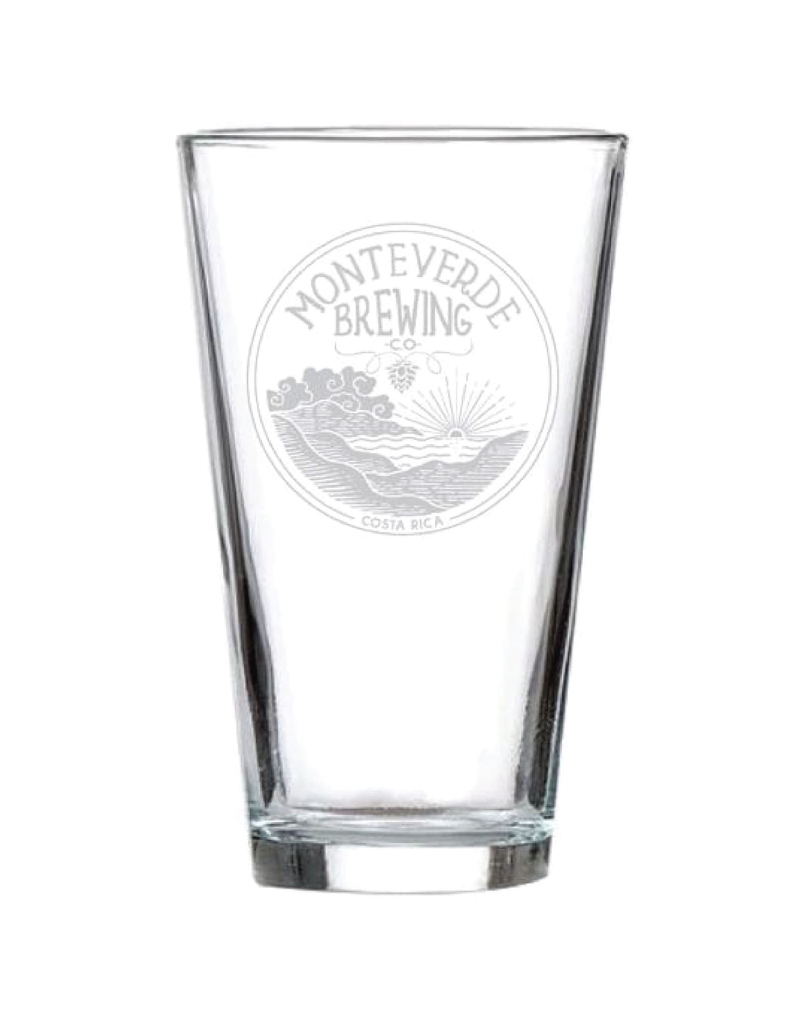 A glass etched with the Monteverde Brewing Company logo