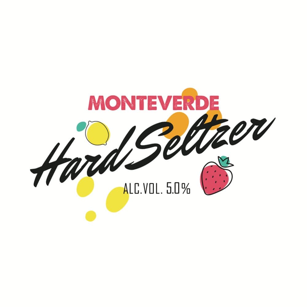 Monteverde Brewing Company label in handwritten script surrounded by lemons and a strawberry
