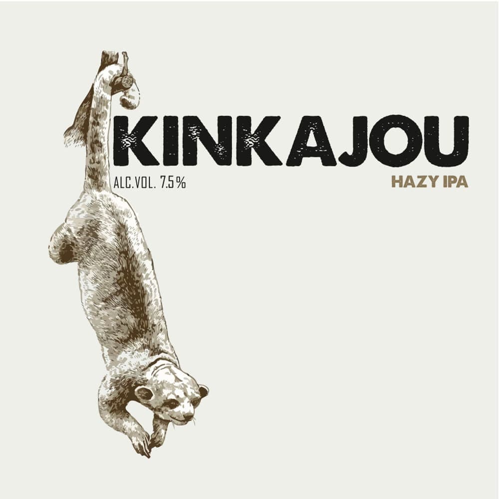 Monteverde Brewing Company label with a kinkajou hanging by its tail, on pale grey