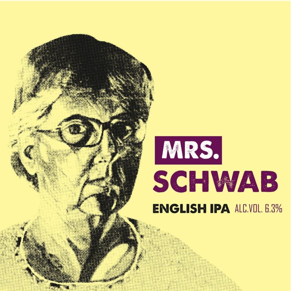 Monteverde Brewing Company label with the portrait of an older woman in glasses, on yellow