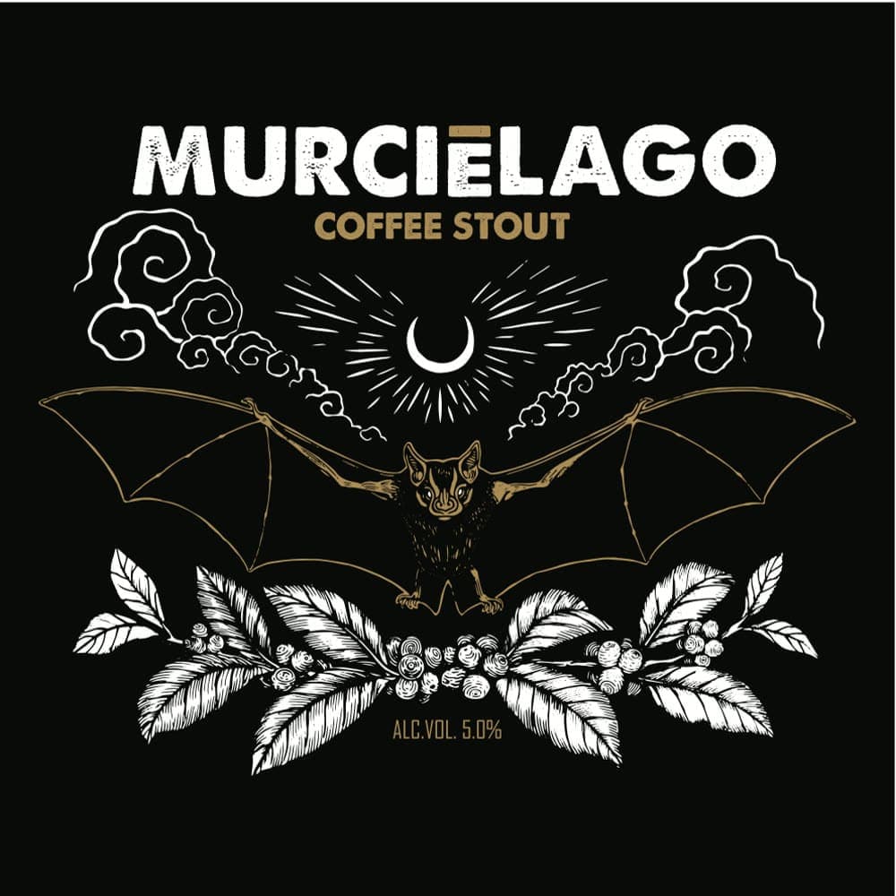 Monteverde Brewing Company label with a bat among coffee branches and a moon, on black