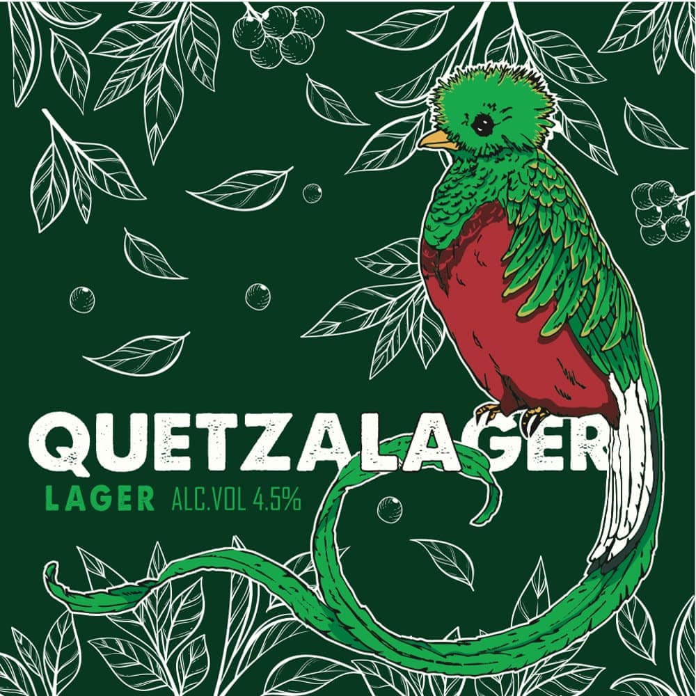 Monteverde Brewing Company label with a quetzal perched among leaves, on dark green