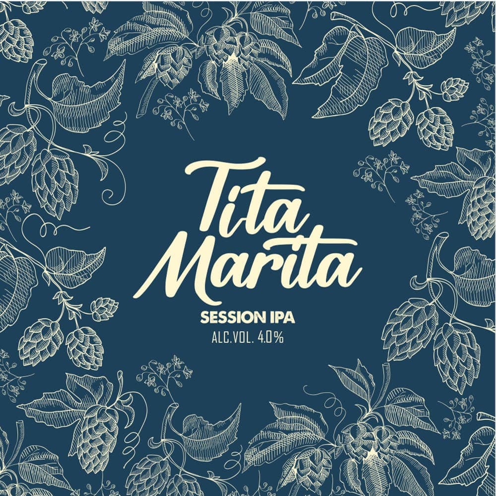 Monteverde Brewing Company label in handwritten script among drawn hop cones, in blue