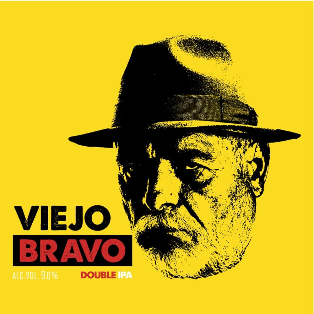 Monteverde Brewing Company label with the portrait of a man in a hat, on yellow