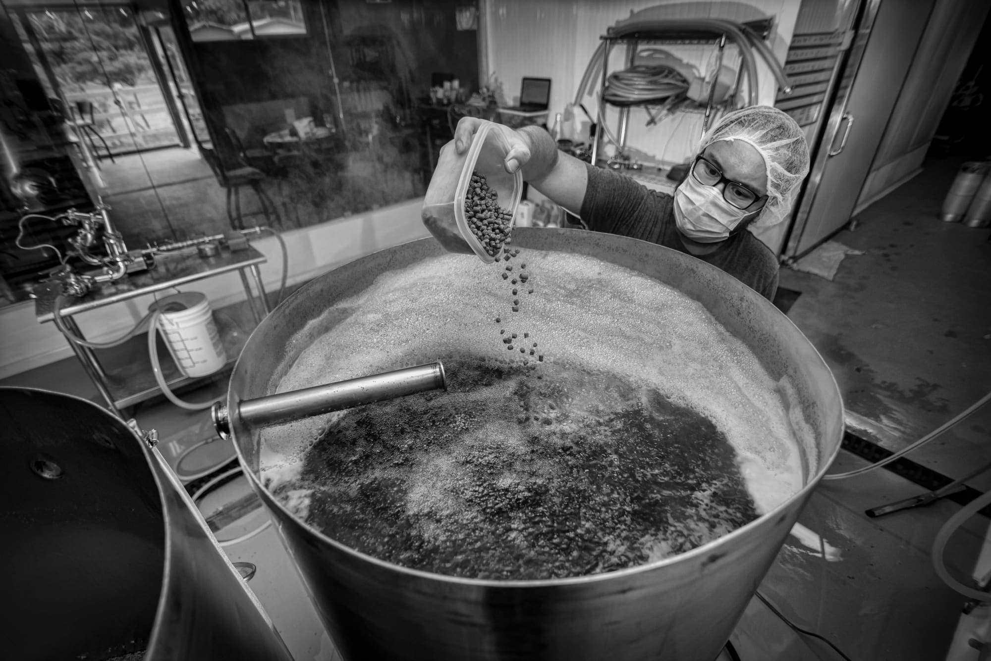 Malted grain pouring into the Monteverde Brewing Company brew kettle